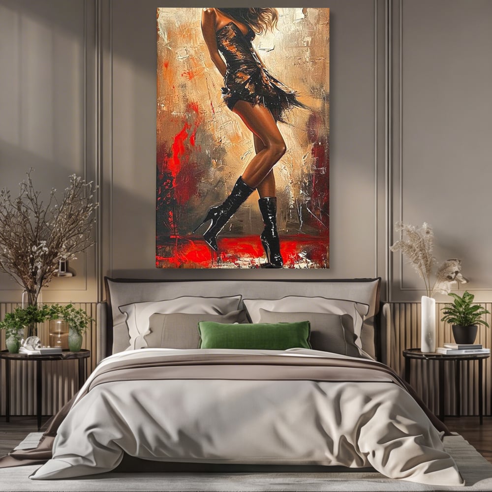Tablou canvas cu tablou canvas cu silueta de dansatoare, fara rama, pe sasiu de lemn, pe perete intr-un dormitor